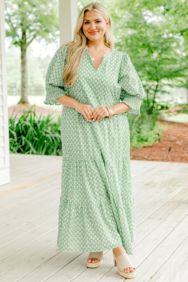 Chic Soul Plus size clothing, sage maxi dress with half bubble sleeves and a floral geometric pattern and slight v-neckline 
