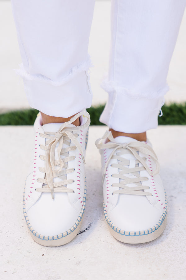 Chic Soul plus size clothing, white low top sneakers with multi stitching design along bottom, tongue, and heel with cream laces