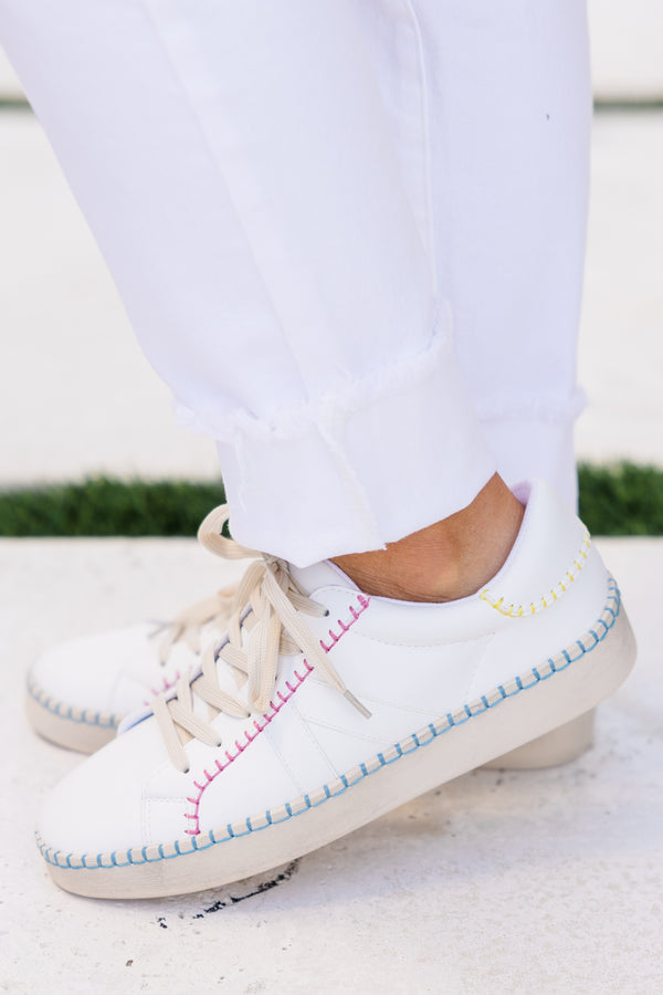 Chic Soul plus size clothing, white low top sneakers with multi stitching design along bottom, tongue, and heel with cream laces