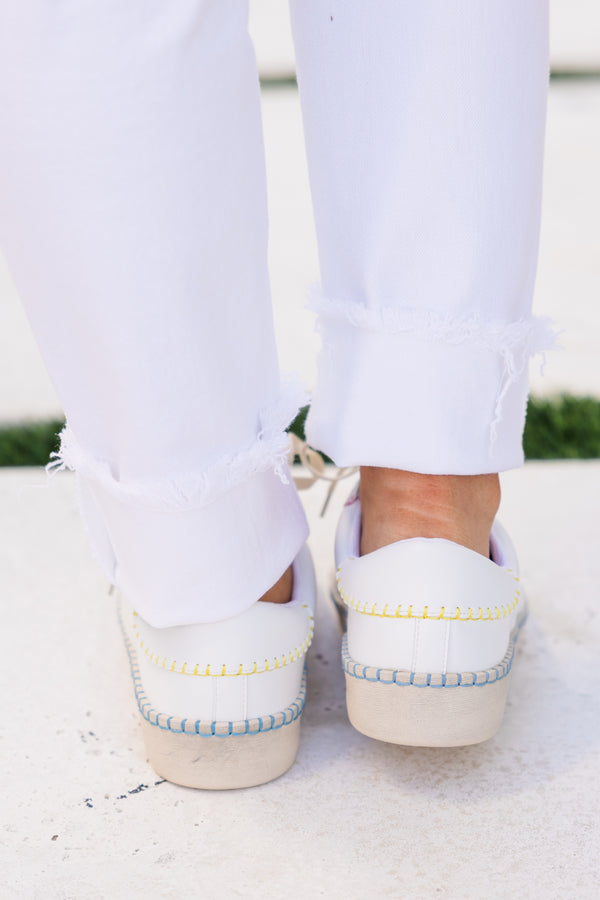 Chic Soul plus size clothing, white low top sneakers with multi stitching design along bottom, tongue, and heel with cream laces
