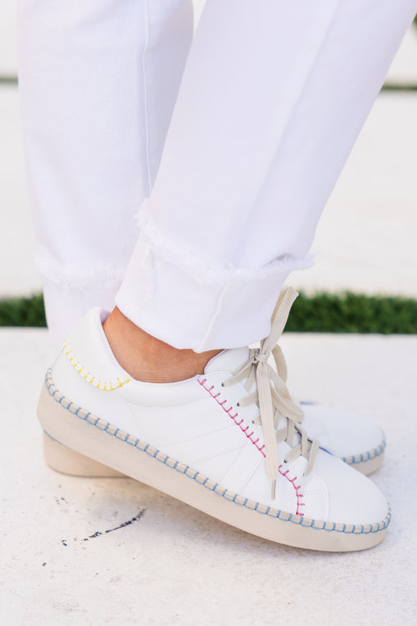 Chic Soul plus size clothing, white low top sneakers with multi stitching design along bottom, tongue, and heel with cream laces