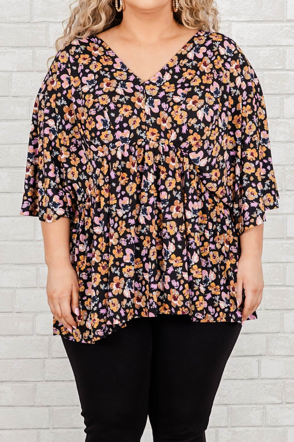Chic Soul plus size clothing, black babydoll top with multicolor floral pattern and a v neck