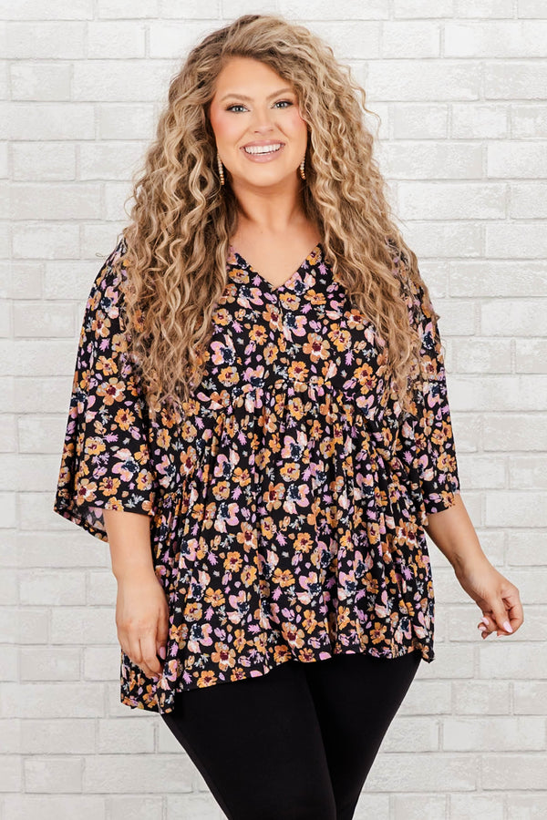 Chic Soul plus size clothing, black babydoll top with multicolor floral pattern and a v neck