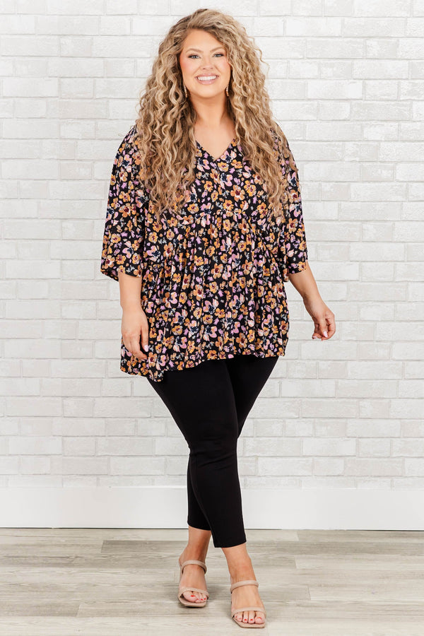 Chic Soul plus size clothing, black babydoll top with multicolor floral pattern and a v neck