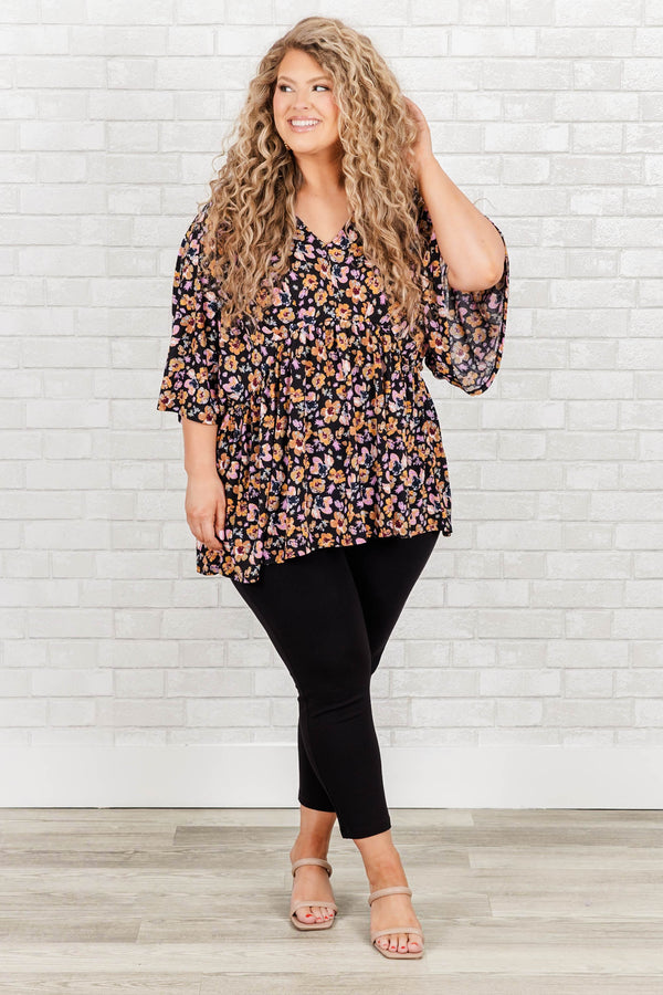 Chic Soul plus size clothing, black babydoll top with multicolor floral pattern and a v neck