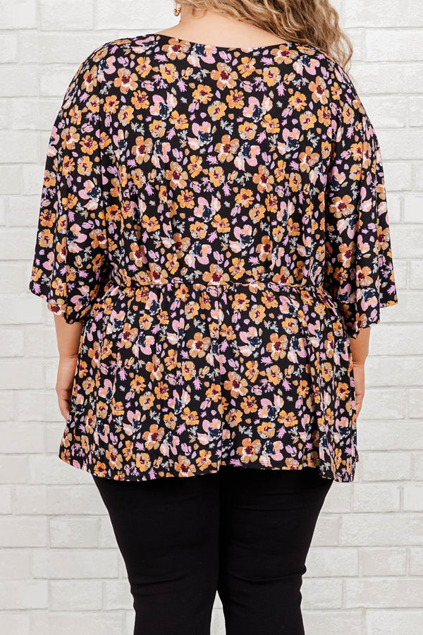 Chic Soul plus size clothing, black babydoll top with multicolor floral pattern and a v neck