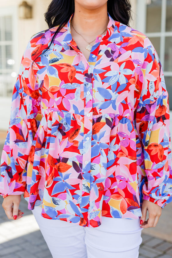 Chic Soul plus size clothing, red long sleeve button up top with floral multicolor pattern
