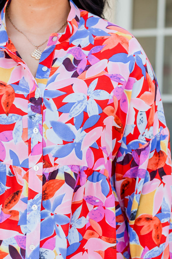 Chic Soul plus size clothing, red long sleeve button up top with floral multicolor pattern