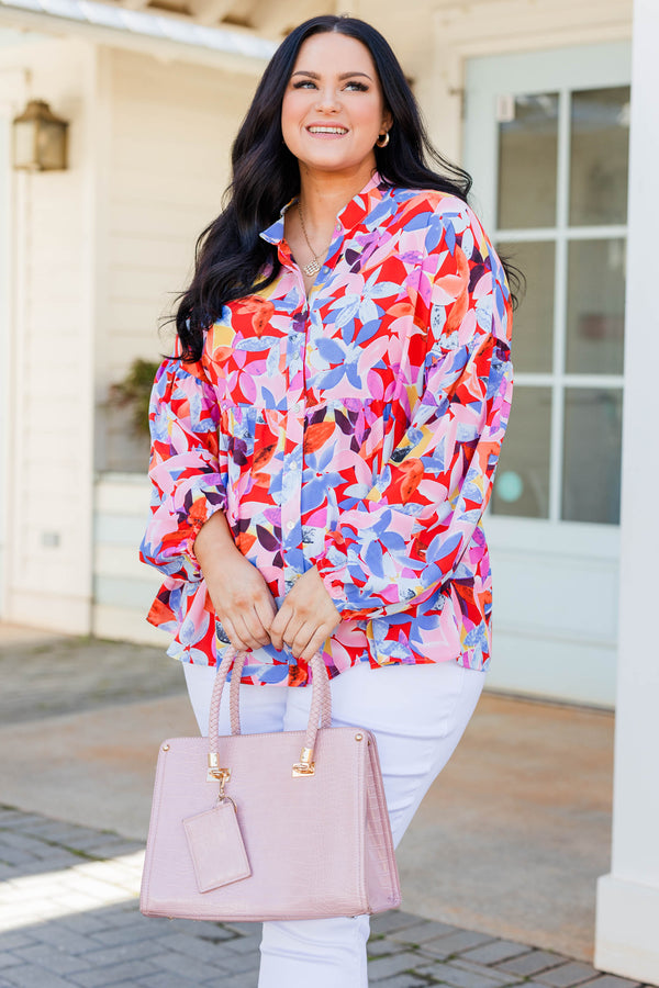 Chic Soul plus size clothing, red long sleeve button up top with floral multicolor pattern