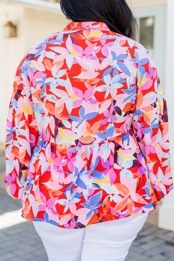 Chic Soul plus size clothing, red long sleeve button up top with floral multicolor pattern