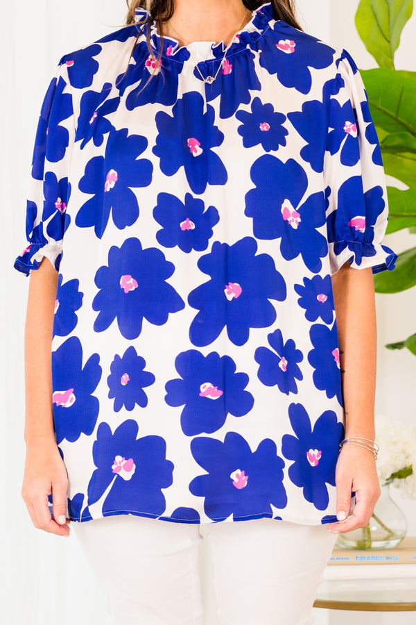 Chic Soul plus size clothing, white flowy top with colbat blue floral pattern and bubble sleeves
