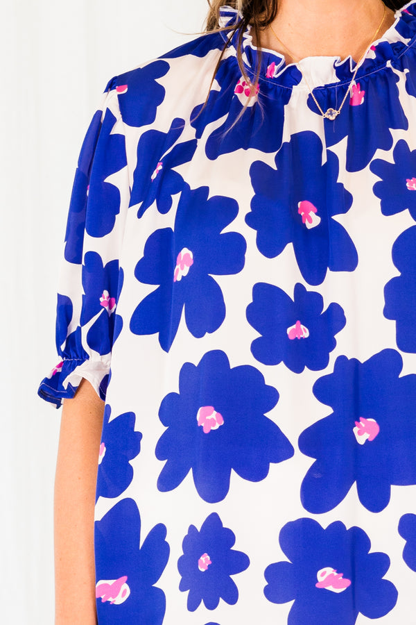 Chic Soul plus size clothing, white flowy top with colbat blue floral pattern and bubble sleeves