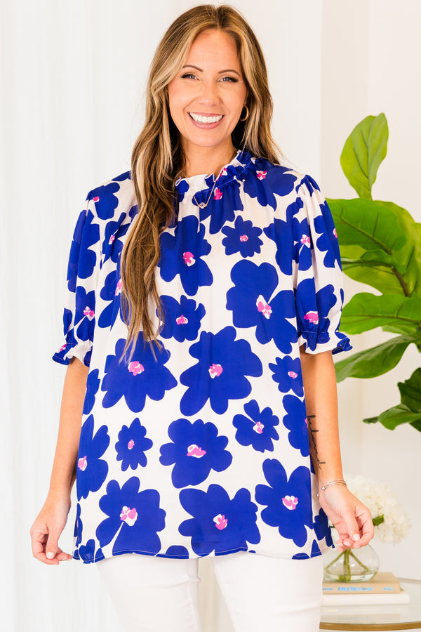 Chic Soul plus size clothing, white flowy top with colbat blue floral pattern and bubble sleeves