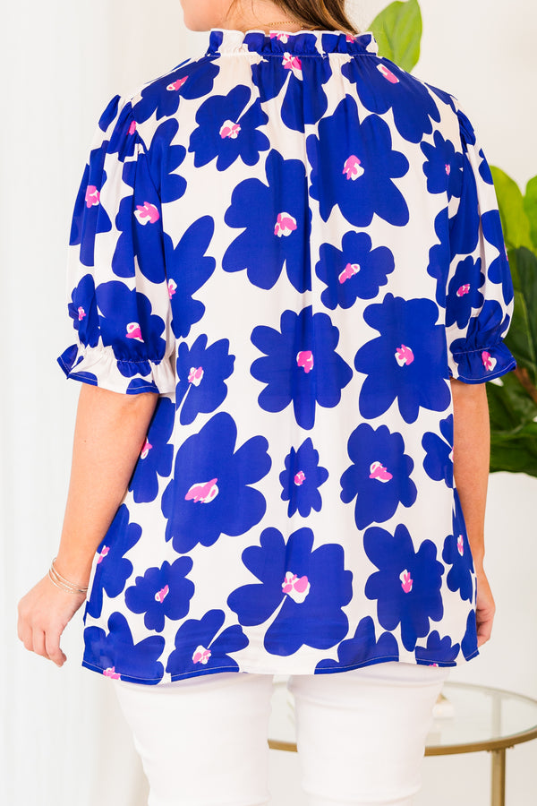 Chic Soul plus size clothing, white flowy top with colbat blue floral pattern and bubble sleeves