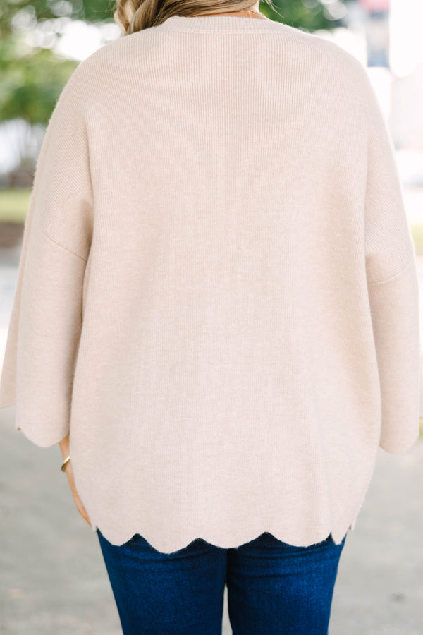 Plus Size taupe oversized knit sweater with a crew neckline, wide sleeves, and a scalloped hem.