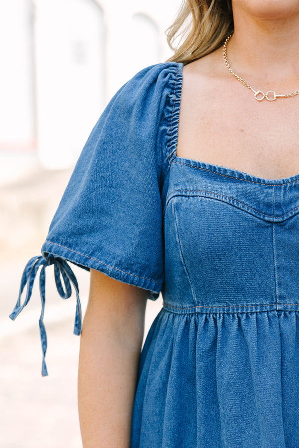 Chic Soul plus size clothing, medium wash denim short-bubble sleeve sweetheart neckline babydoll dress with tied bow details on sleeves