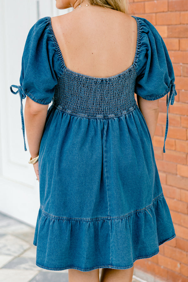 Chic Soul plus size clothing, medium wash denim short-bubble sleeve sweetheart neckline babydoll dress with tied bow details on sleeves