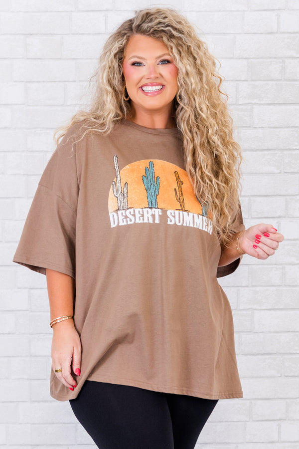 Chic Soul plus size clothing, short-sleeve espresso brown boyfriend tee with desert cactus graphic stating 
