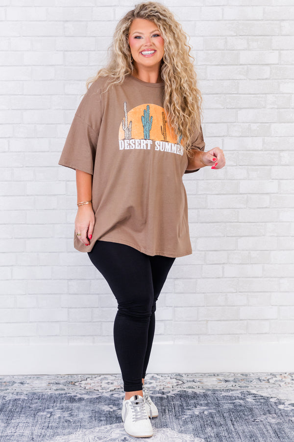 Chic Soul plus size clothing, short-sleeve espresso brown boyfriend tee with desert cactus graphic stating 