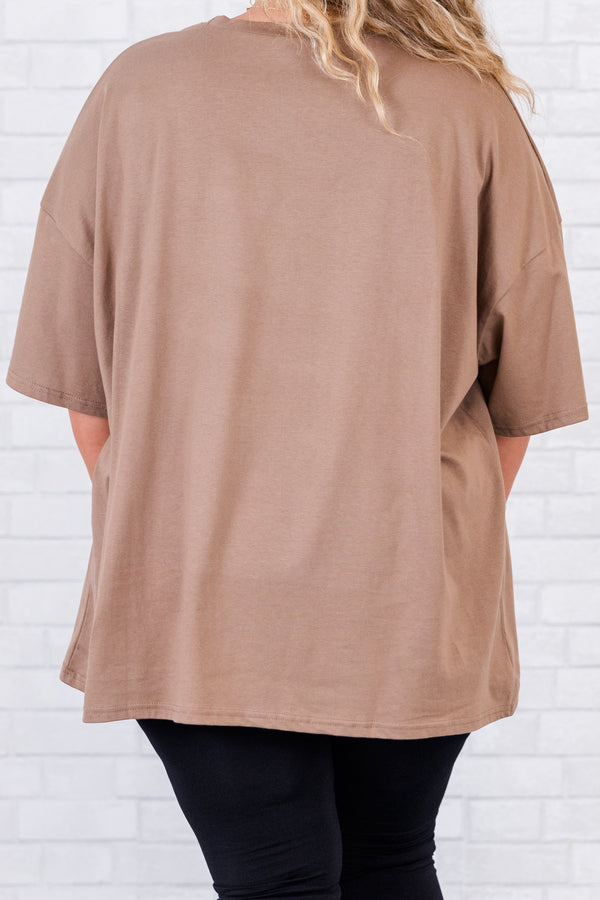 Chic Soul plus size clothing, short-sleeve espresso brown boyfriend tee with desert cactus graphic stating 