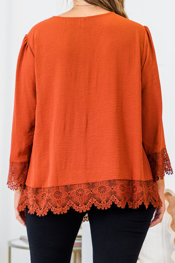 Chic Soul plus size clothing, quarter-sleeve rust orange v-neckline flowy top with small brown button detailing and lace trim