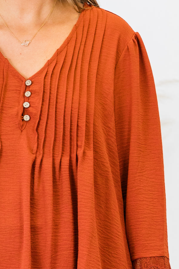 Chic Soul plus size clothing, quarter-sleeve rust orange v-neckline flowy top with small brown button detailing and lace trim
