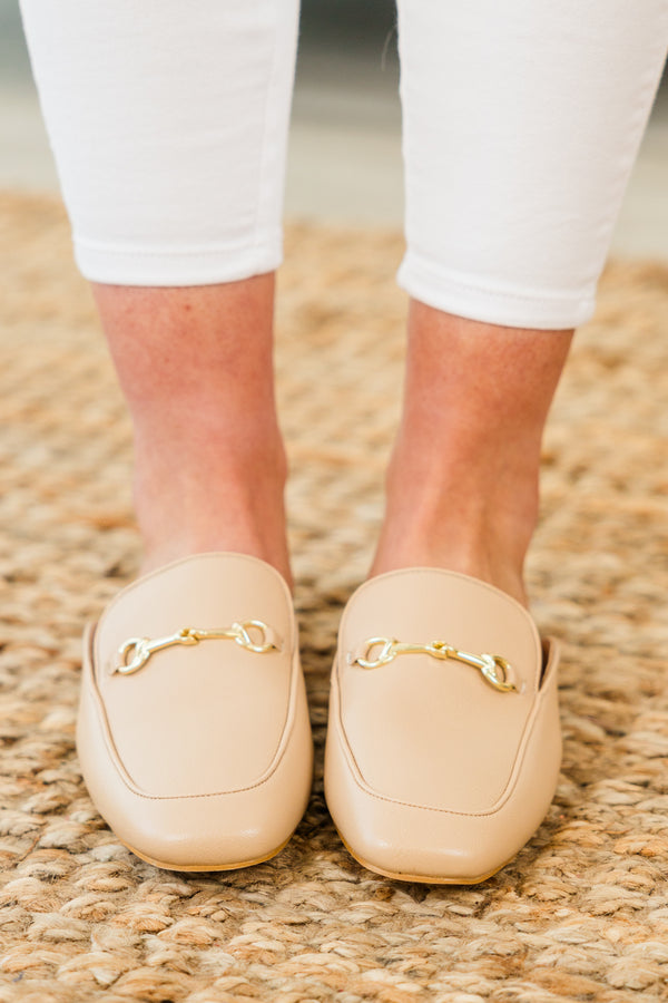 Chic Soul plus size clothing, tan backless closed-toe mule shoes with a gold buckle on the top