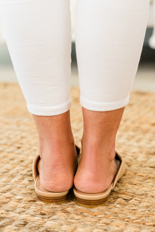 Chic Soul plus size clothing, tan backless closed-toe mule shoes with a gold buckle on the top