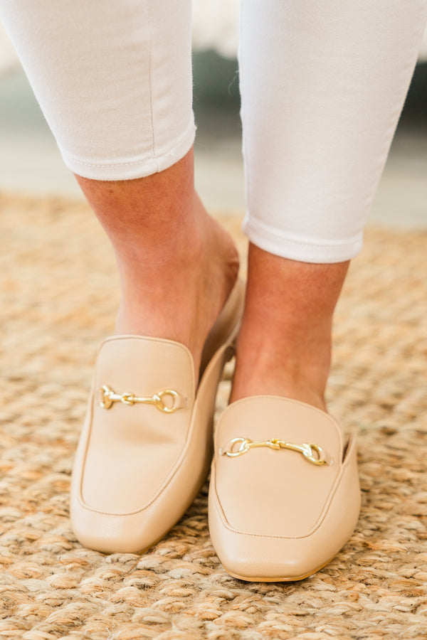 Chic Soul plus size clothing, tan backless closed-toe mule shoes with a gold buckle on the top