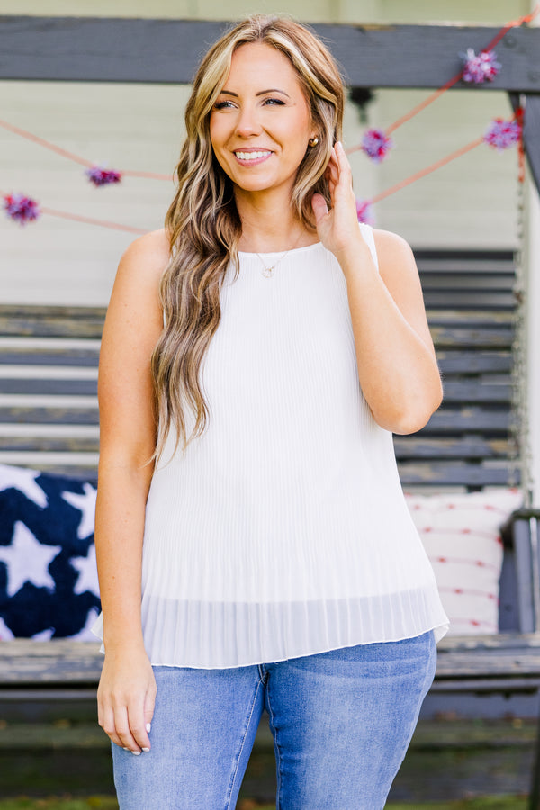 Chic Soul plus size clothing, white sleeveless tank top with crinkle sheer layer with white slip underneath and trait along top of sleeves with keyhole back