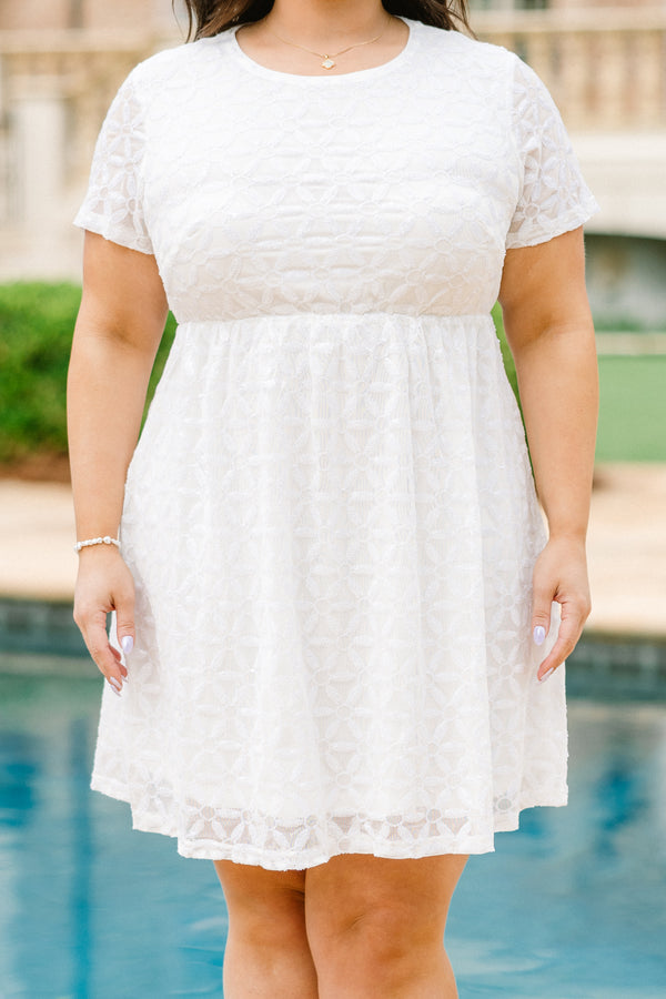 Chic Soul plus size clothing, white short sleeve mini dress with geometric sheer design with synch waist detail