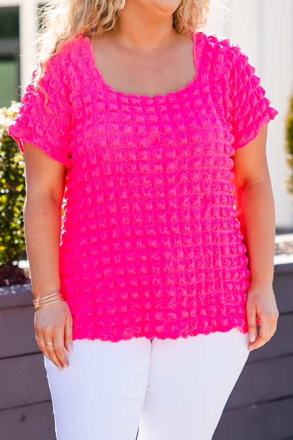 Chic Soul plus size clothing, hot pink raised square pattern short sleeve top with puff sleeves and scoop neck