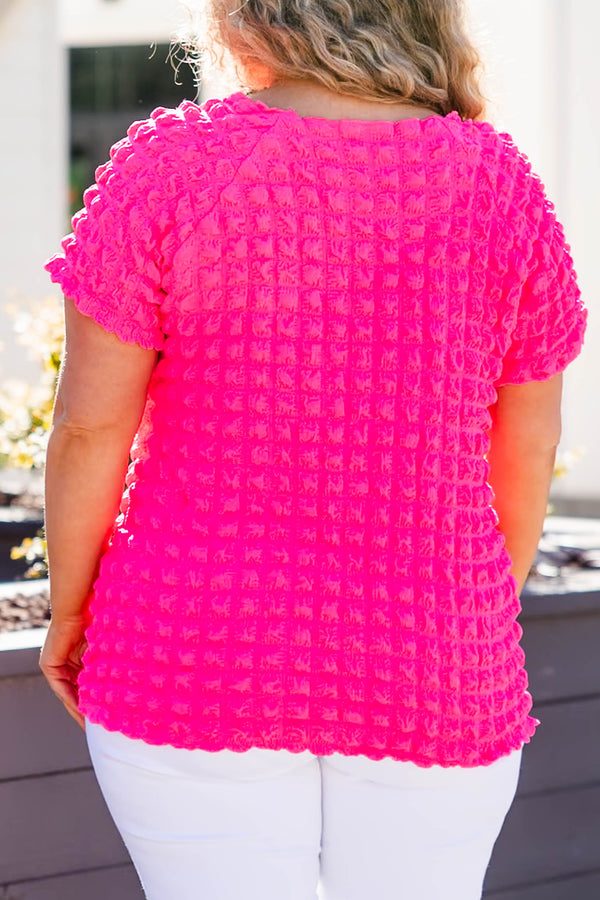 Chic Soul plus size clothing, hot pink raised square pattern short sleeve top with puff sleeves and scoop neck