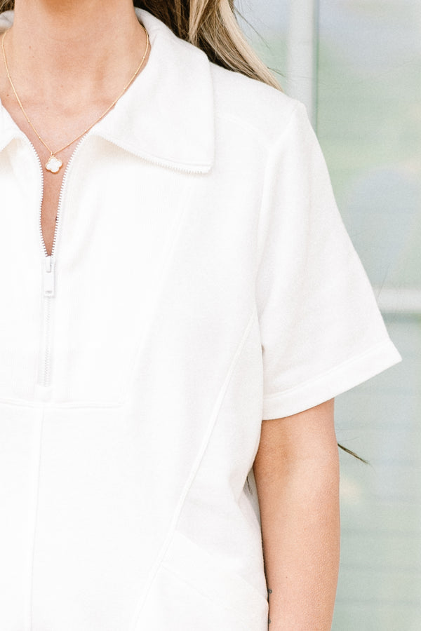 Chic Soul plus size clothing, short-sleeve zip-up collared off white athleisure dress with pockets