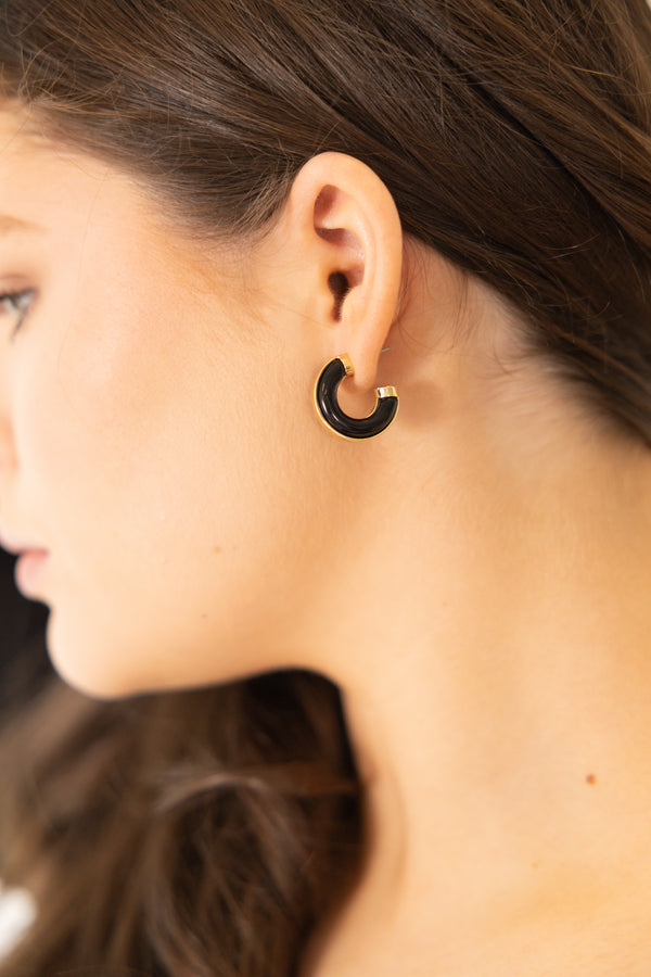 Chic Soul plus size clothing, black small hoop earrings with gold detailing