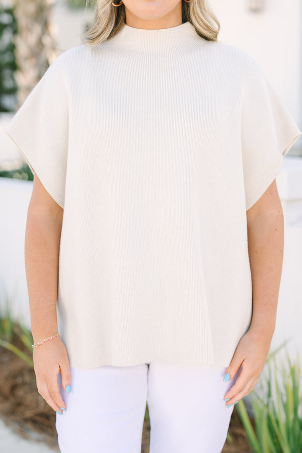 Chic Soul plus size clothing, beige turtleneck sweater with short sleeves 