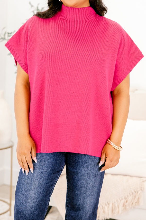 Plus Size magenta mock neck sweater with short sleeves, side slits, and a high-low hem.
