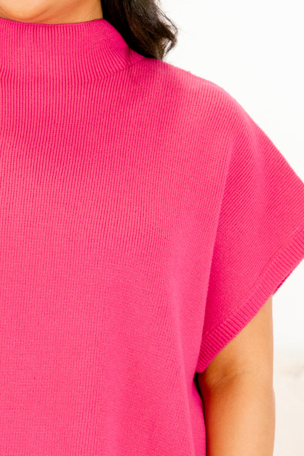 Plus Size magenta mock neck sweater with short sleeves, side slits, and a high-low hem.