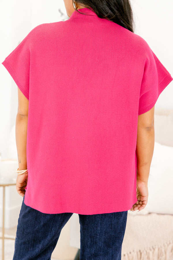Plus Size magenta mock neck sweater with short sleeves, side slits, and a high-low hem.