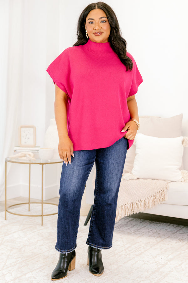 Plus Size magenta mock neck sweater with short sleeves, side slits, and a high-low hem.