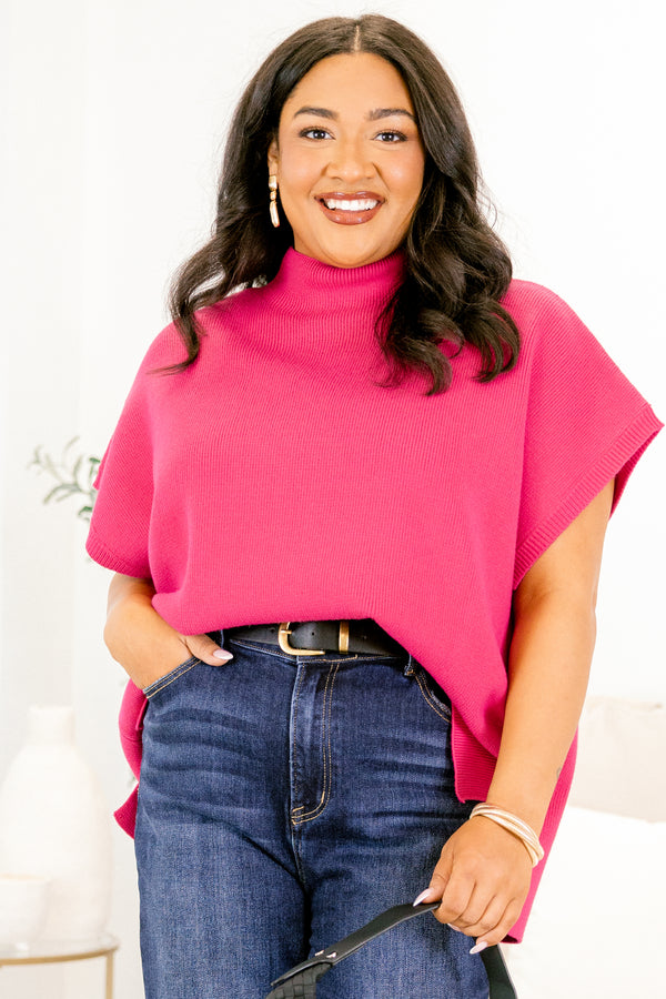 Plus Size magenta mock neck sweater with short sleeves, side slits, and a high-low hem.