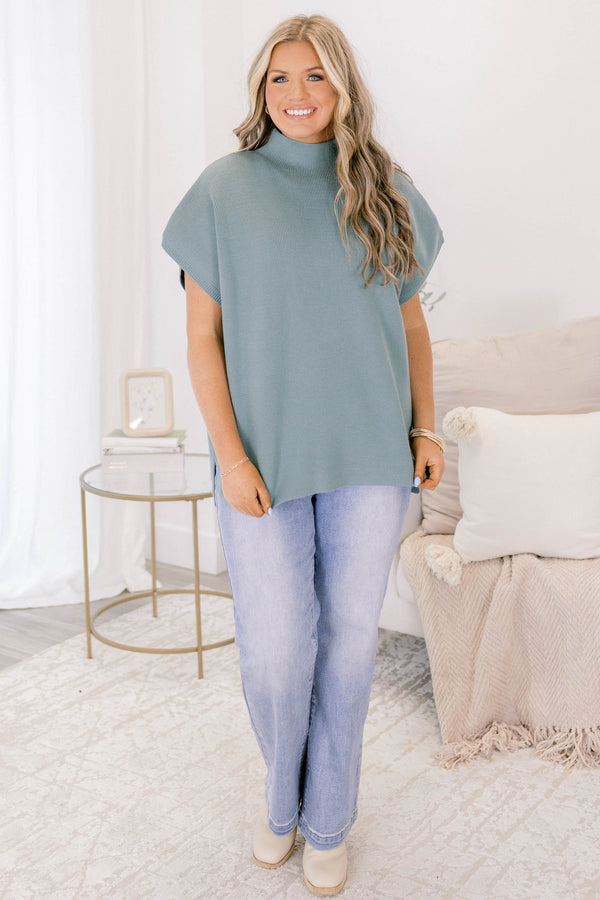 Chic Soul plus size clothing, dusty teal short sleeve high neck sweater top