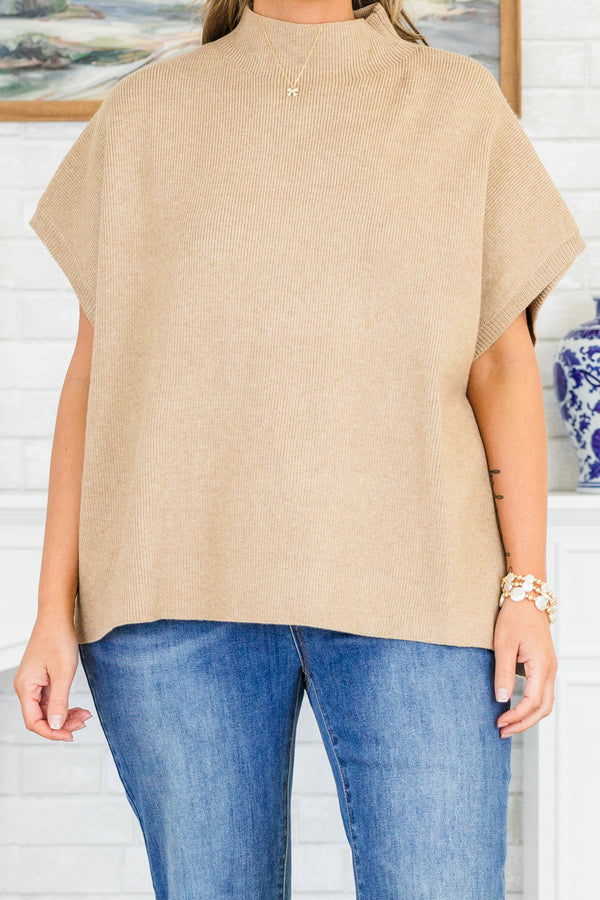Chic Soul plus size clothing, short-sleeve taupe tan mock-neckline sweater top