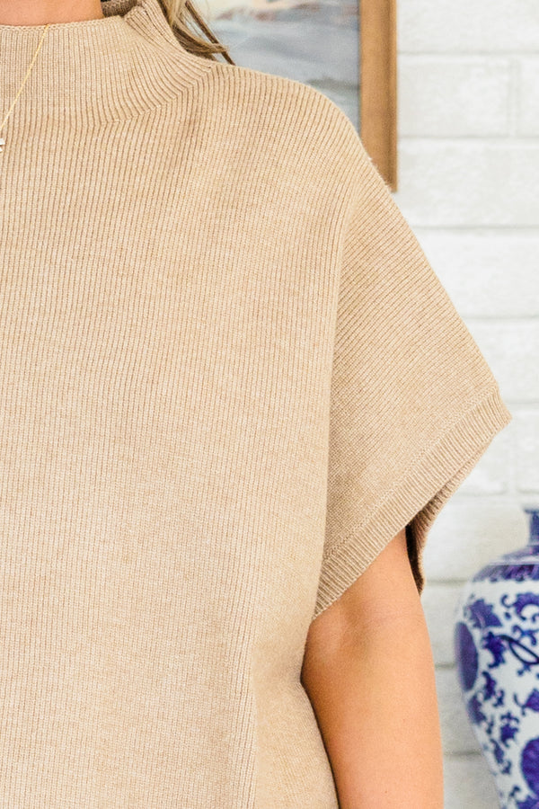 Chic Soul plus size clothing, short-sleeve taupe tan mock-neckline sweater top