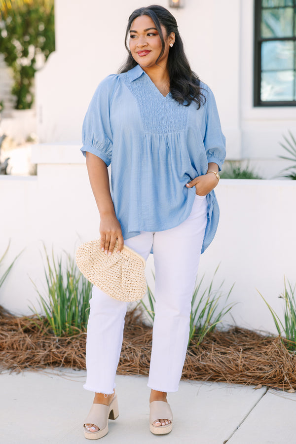 Chic Soul plus size clothing , light blue short sleeve top with rouching texturing on the chest and a collar 