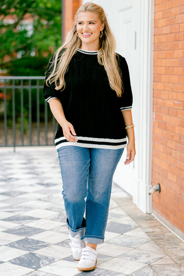 Chic Soul plus size clothing, black short sleeve sweater top with a white cuff that has a black stripe on the sleeves neckline and bottom of the top 