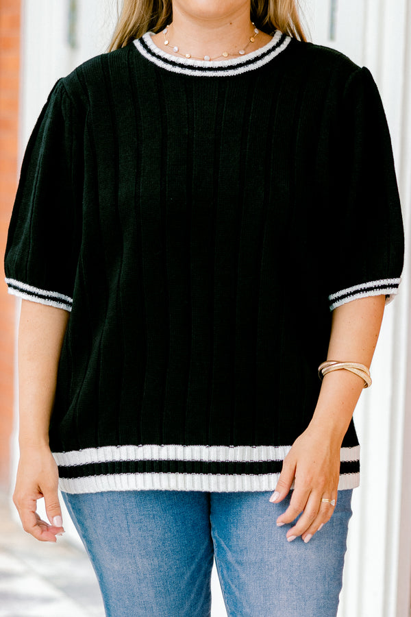 Chic Soul plus size clothing, black short sleeve sweater top with a white cuff that has a black stripe on the sleeves neckline and bottom of the top 