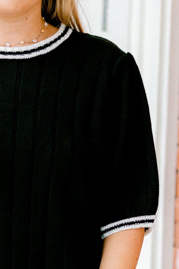 Chic Soul plus size clothing, black short sleeve sweater top with a white cuff that has a black stripe on the sleeves neckline and bottom of the top 