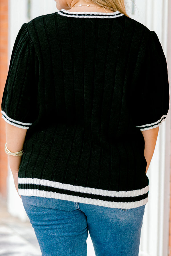 Chic Soul plus size clothing, black short sleeve sweater top with a white cuff that has a black stripe on the sleeves neckline and bottom of the top 