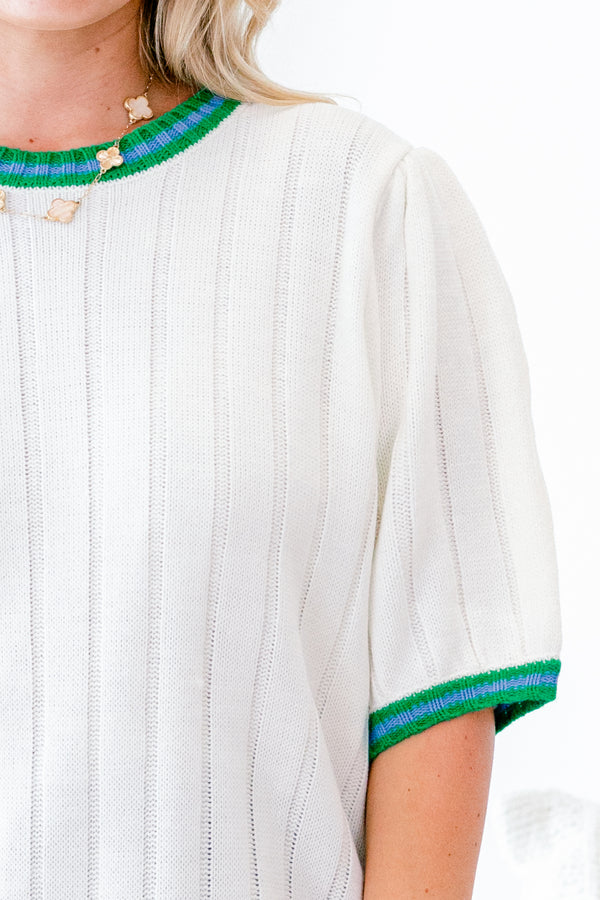 Chic Soul plus size clothing, short-puffed-sleeve ivory cable knit top with a striped green and blue trim across the hem, neckline, and sleeves 